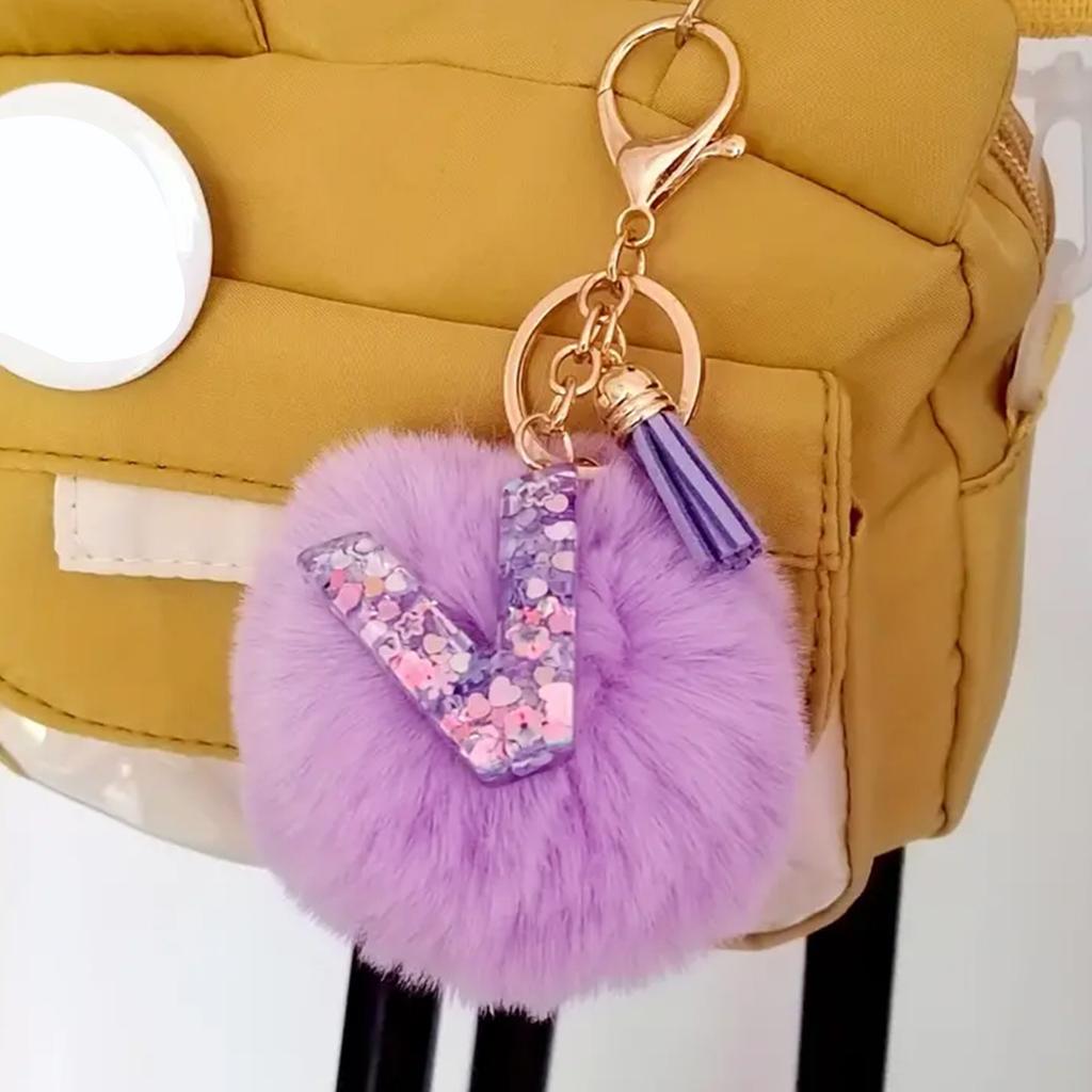 Fashion Glitter 26 Initials Letter Key Pendant With Purple Fluffy Pompom Trend Resin Alphabet Keychain Charms Party Gift