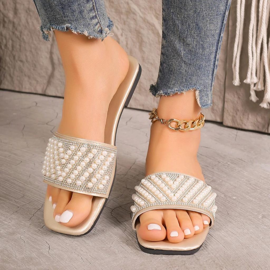 Fashion New Small Fragrant Style Flat Bottomed Plus Size Slippers for Women Square Headed Rhinestone Pearl Fashionable Casual Slippers