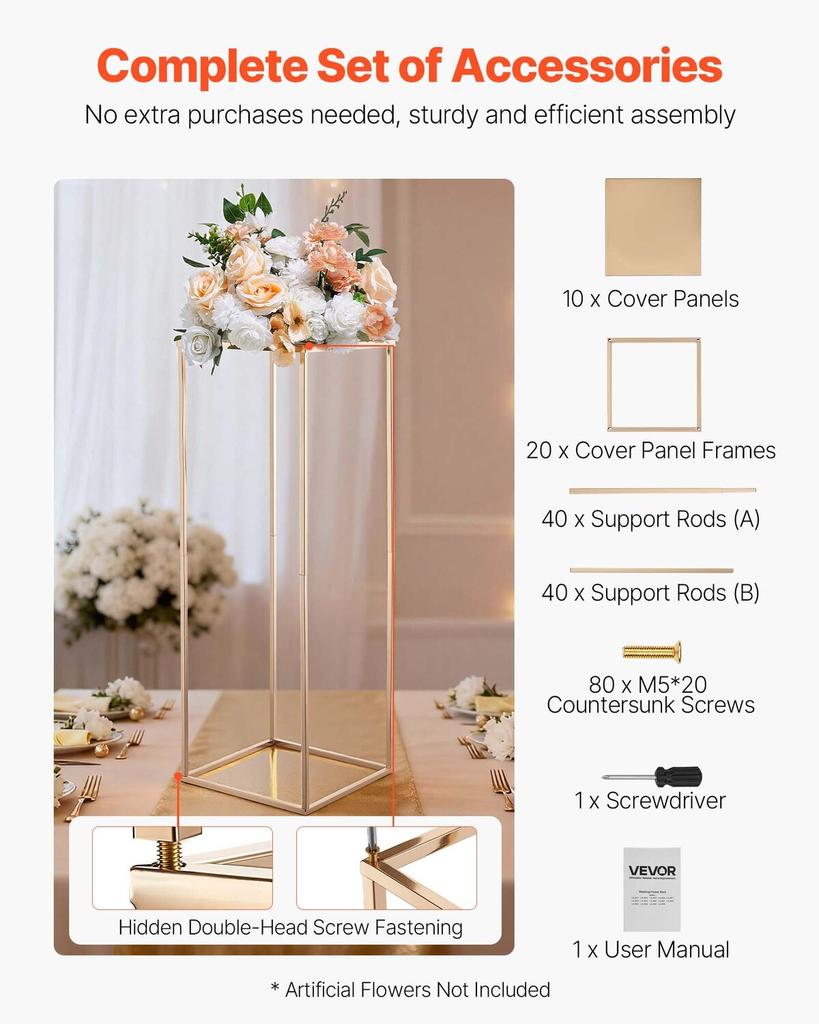 Wedding Flower Stand, 10PCS 80cm Column Flower Stand, Floral Stands with Metal Laminate, Gold Rectangular Floral Display Rack for Wedding, Party,