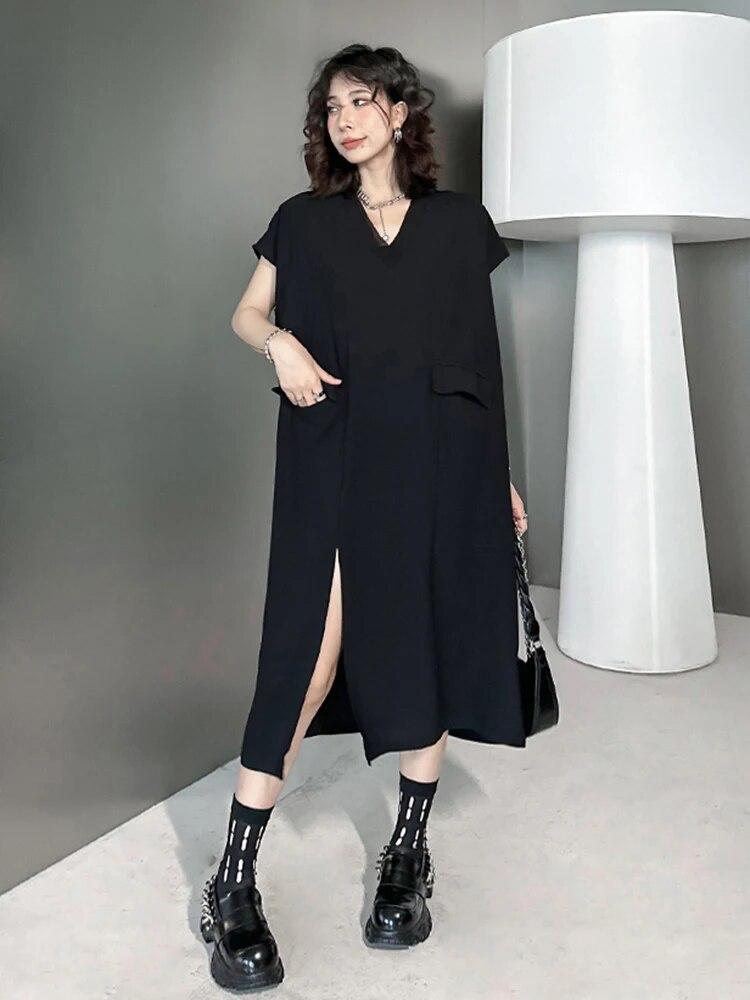 Xitao Повседневное платье с разрезом по бокам, пуловер с круглым вырезом и короткими рукавами, однотонное простое свободное летнее модное женское платье LYD1769