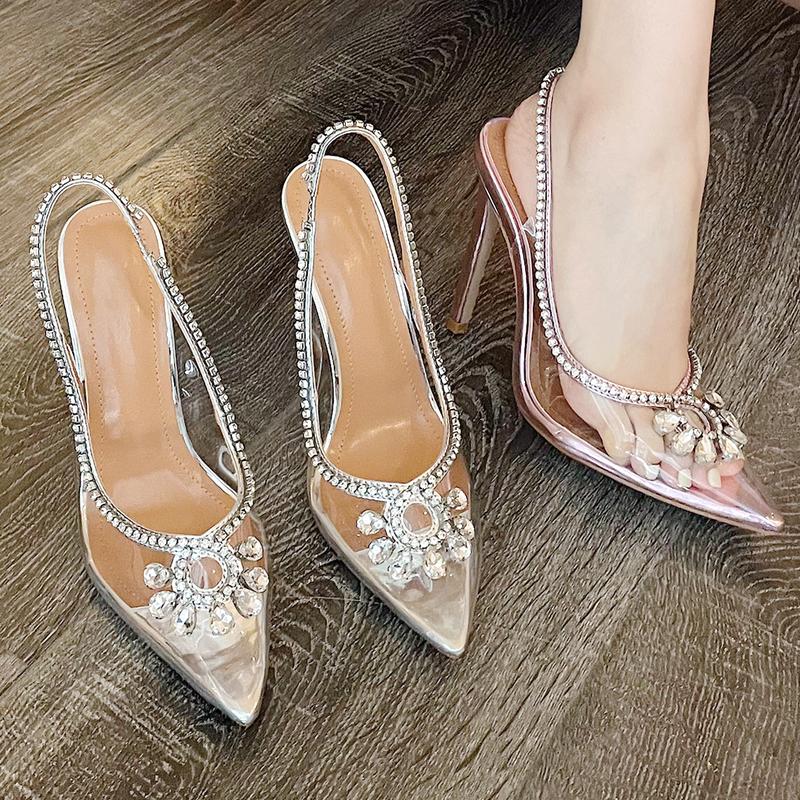 Модные женские босоножки с открытой пяткой из ПВХ с острым носком и стразами на высоком каблуке, сексуальные туфли для ночного клуба и вечеринки на пилоне