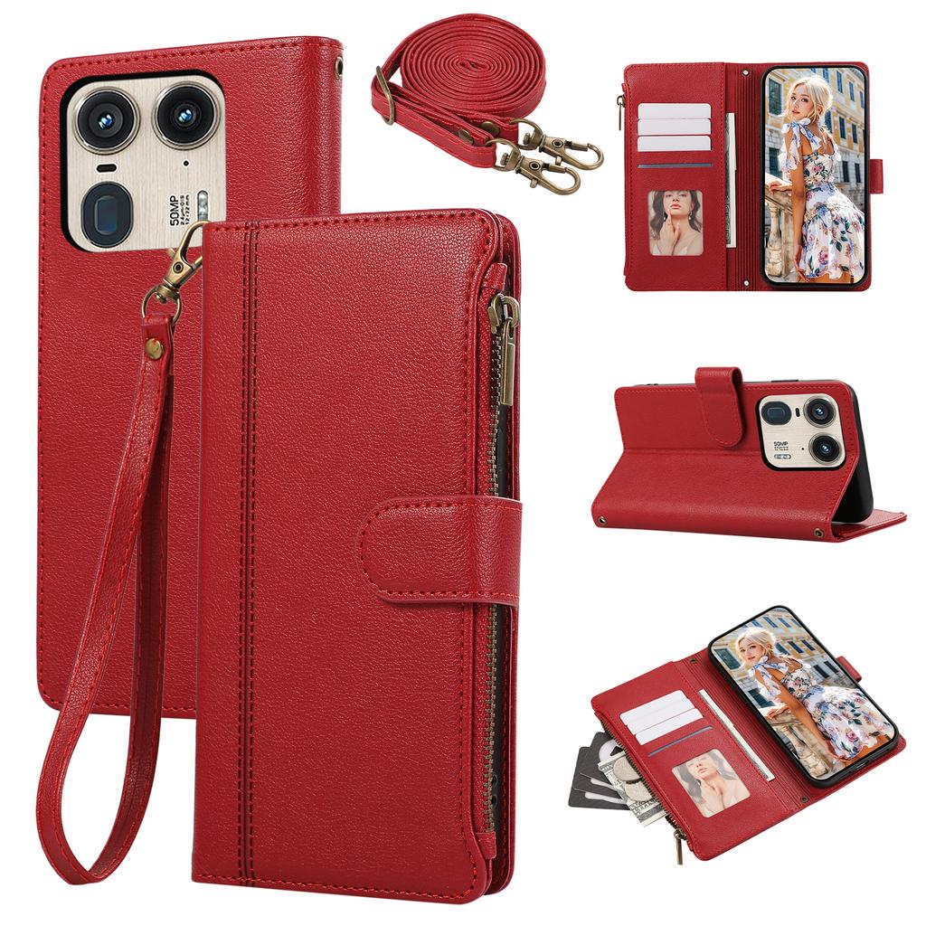 Чехол для Motorola Edge 50 Ultra 5G/Moto X50 Ultra 5G с несколькими отделениями для карт, на молнии, кожаный чехол для телефона с плечевым ремнем/ремешком на запястье