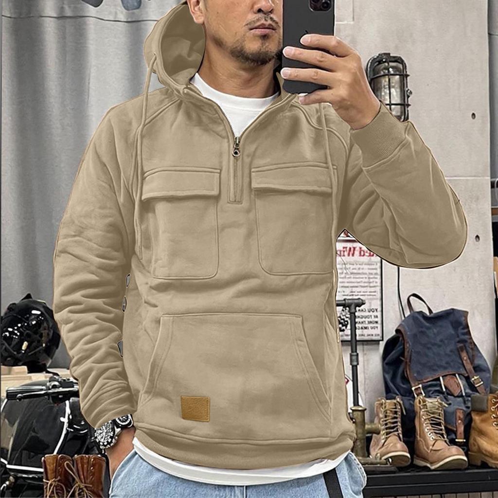 Мужской однотонный свитер с капюшоном, молодежная спортивная кожаная куртка-свитер с несколькими карманами в Европе и Америке