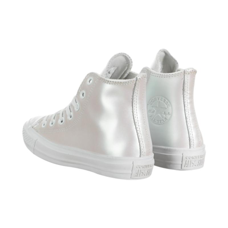 Converse Chuck Taylor All Star Иридесцентная Кожа Нескользящие и Износостойкие Высокие Кеды Женские Серебристо-Белые