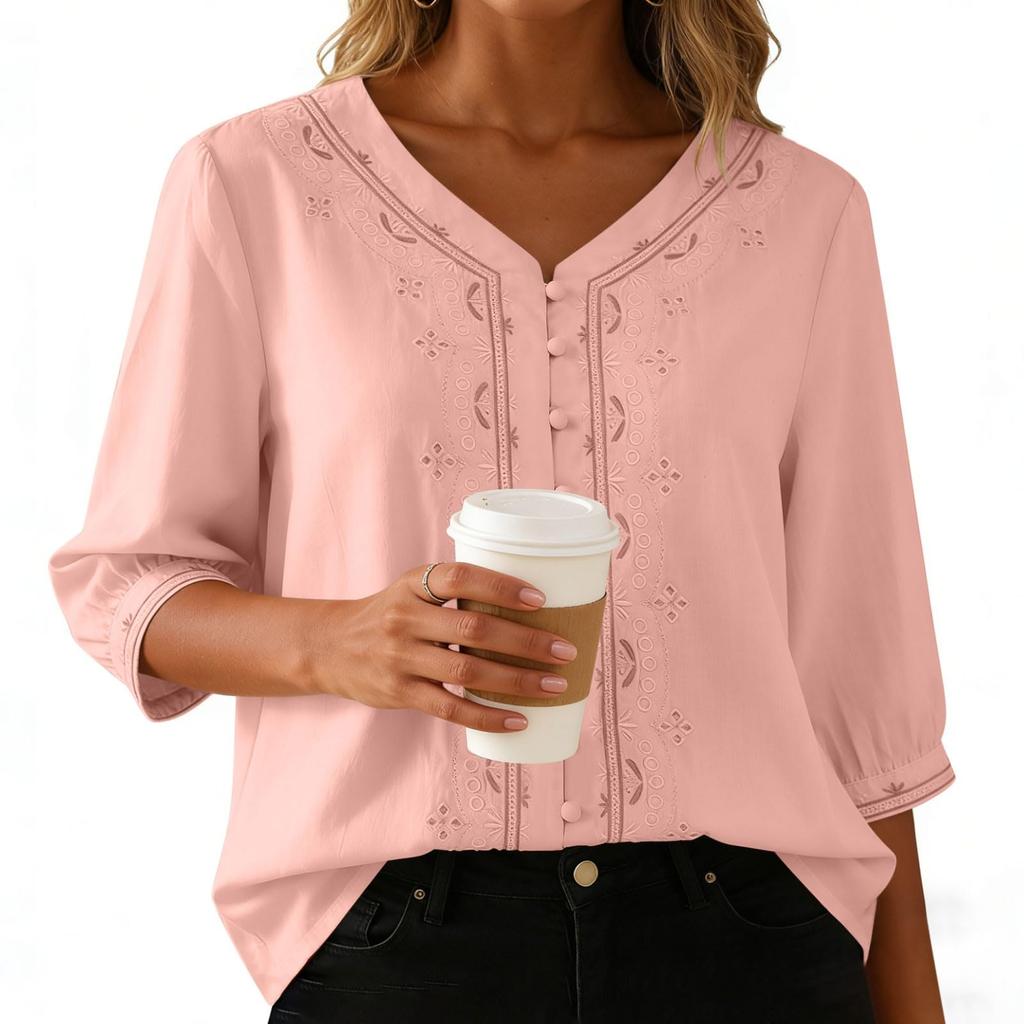 Women's Cotton Linen Tops Retro Chinese Button Top 3/4 Sleeve V Neck Shirts