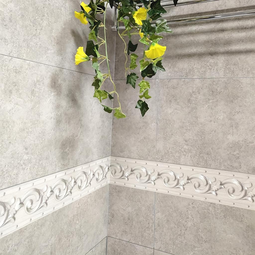 1 Roll Elegant Silver Gray Floral Shape Wallpaper Border Peel and Stick, Home Ceiling Decorative Borders for Bathroom Living Room Kitchen