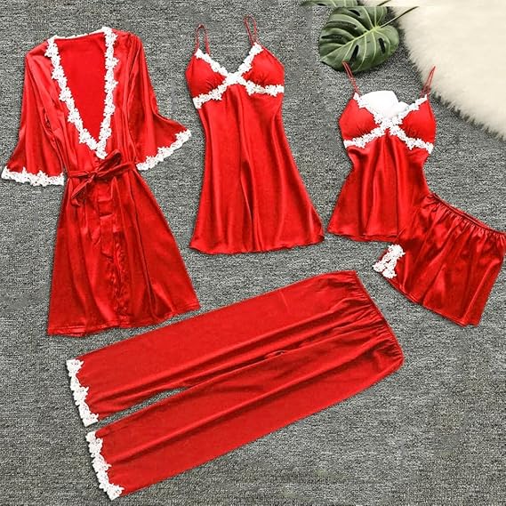 Женский пижамный костюм из 5 предметов: ночная рубашка, топ, шорты, брюки, комплект, сексуальное кружевное платье, пижамы, ночная рубашка