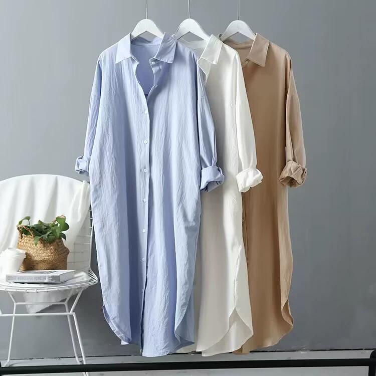 Shirt Women's Spring and Autumn Cotton and Linen Fashion Solid Color All-match Blouse Mid-length Loose Shirt Long-sleeved Plus Size Blouse