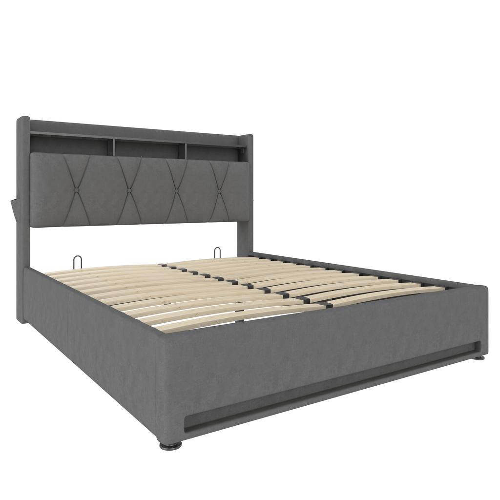 140 x 200cm Upholstered Bed Frame with LED Lighting, USB Type-C Charging and Under-Bed Storage, Hydraulic Storage Bed Frame, Grey, No Mattress