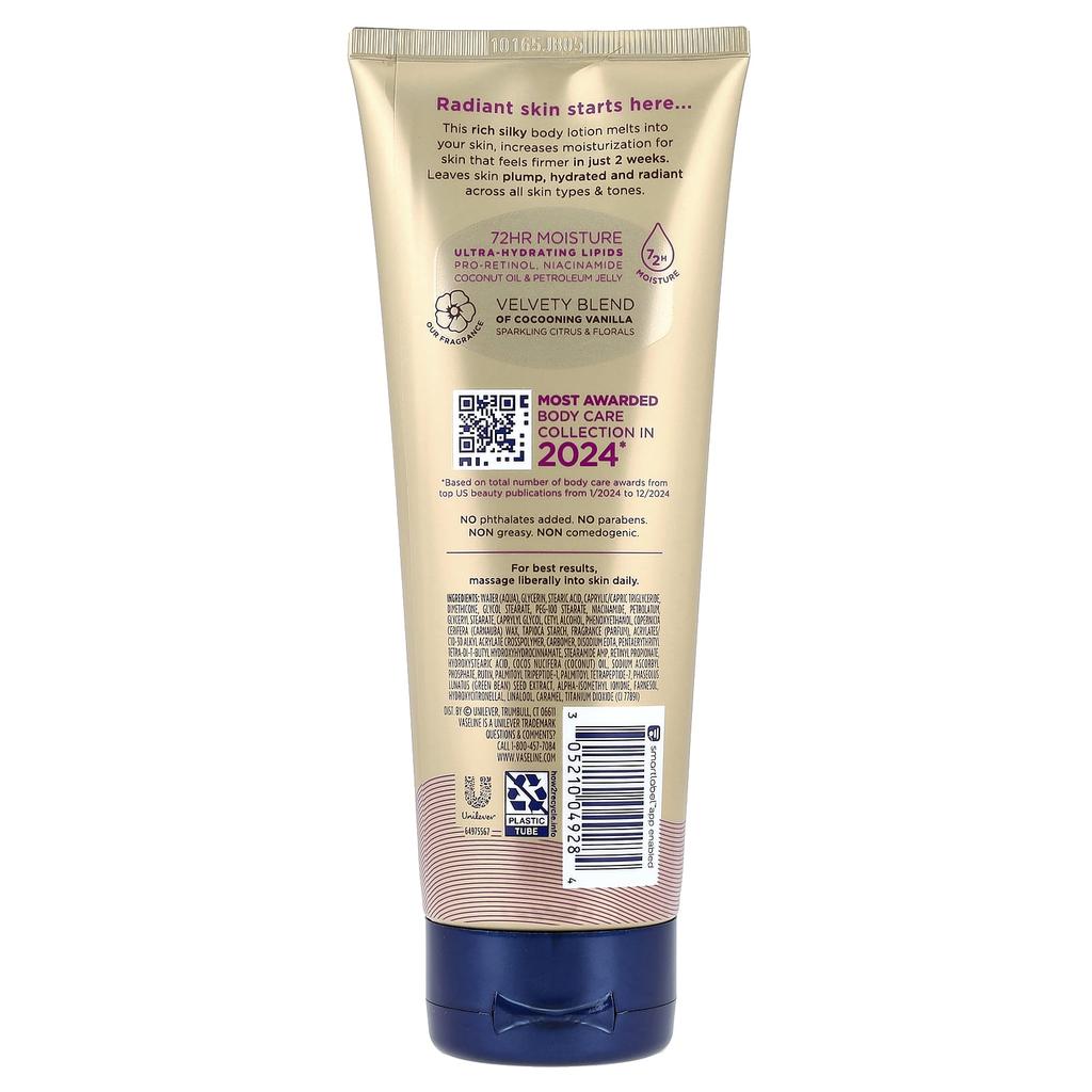 Vaseline Radiant X, Укрепляющий шелковистый лосьон для тела, Укутывающий ванильный, Искрящийся цитрусовый и цветочный, 222 мл (7,5 жидких унций)
