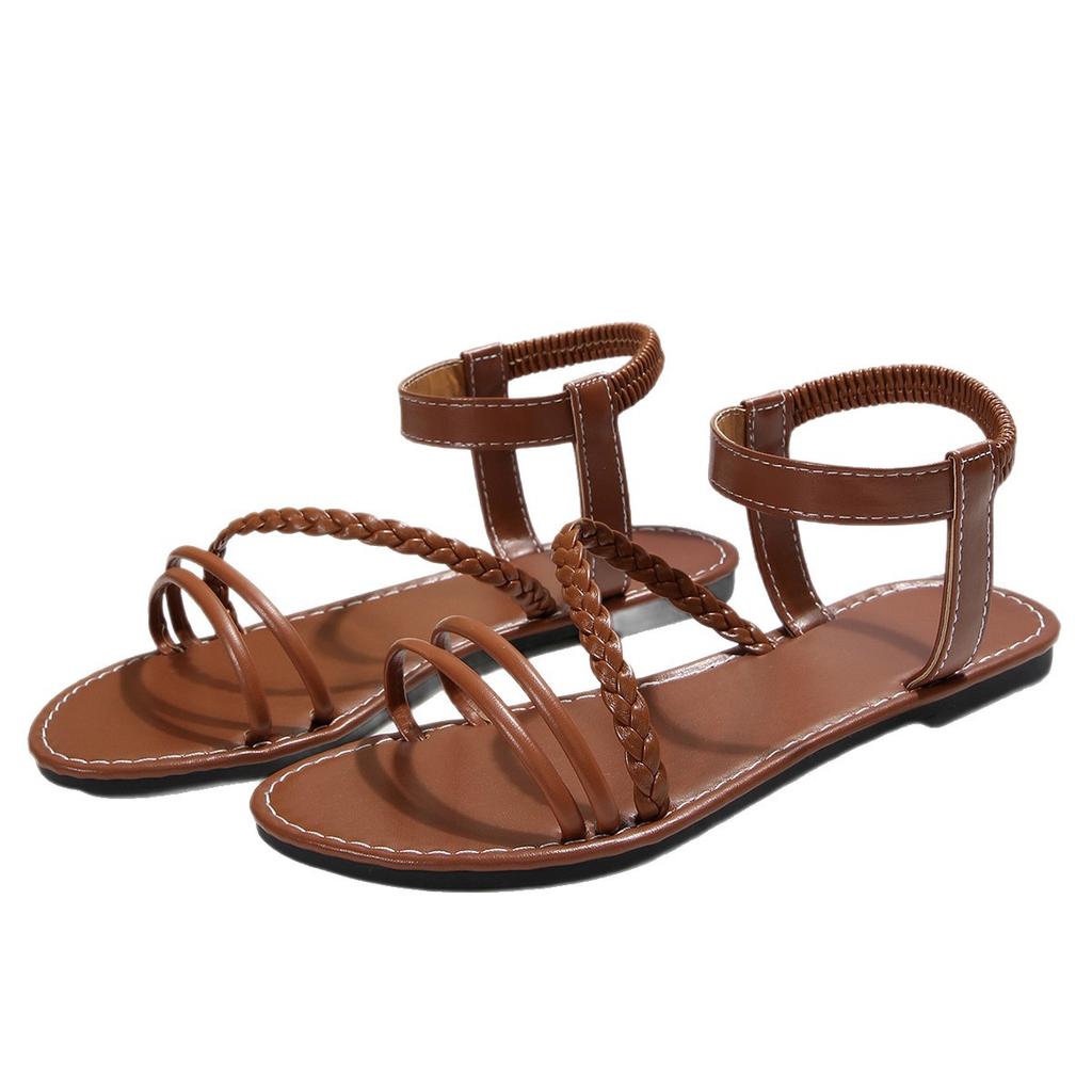 Сандалии большого размера на плоской подошве с эластичной резинкой для женщин, лето 2025, новые плетеные повседневные сандалии с открытым носком для женщин