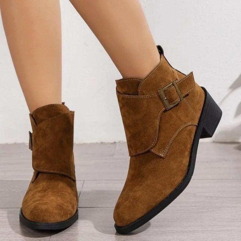 Large Size Ankle Boots for Women Autumn Winter Suede Pointy Toe Chunky Middle Heels Women Shoes Black Brown Short Chelsea Botas