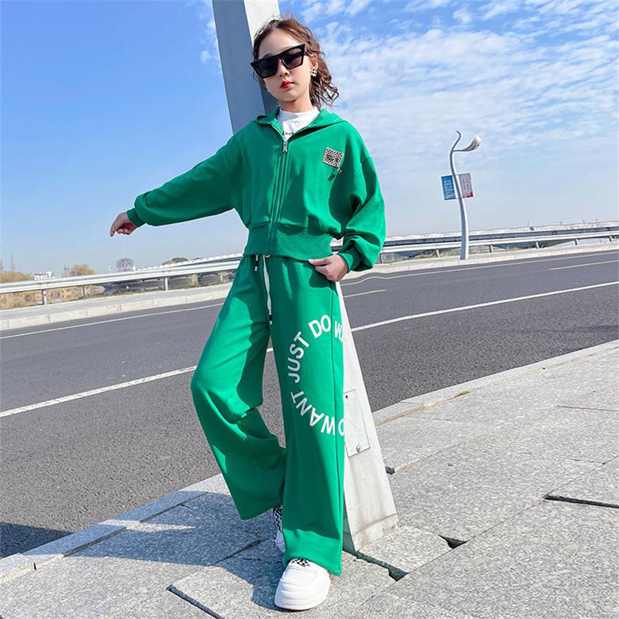 Комплект детской одежды для девочек, осенний спортивный костюм для девочек-подростков, толстовка с капюшоном авокадо, широкие штаны, школьный спортивный костюм для девочек, одежда
