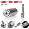 Metric 7-19mm Socket 3/8" Hex Shank Post 1/4"-3/4" Silver Ratchet Socket Universal Socket Tool with Electric Drill Adapter (Silver Socket + Post)