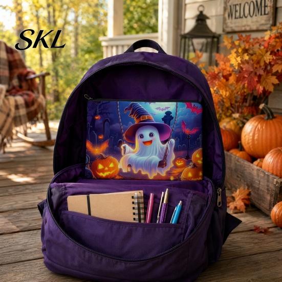 Portable Storage Bag Halloween Bag, with Colorful Cartoon Ghost Print, Durable Canvas Pouch Makeup Zipper Large Capacity Lightweight Travel