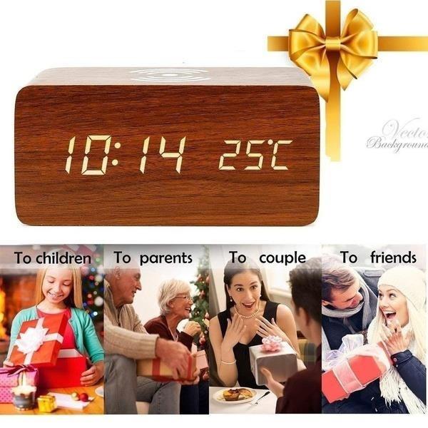 2025 Sound Control LED Digital Alarm Clock Wooden Design Thermometer Qi Wireless Charging Pad Desk Clock