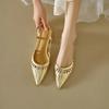 Новые женские туфли с острым носком 2024 года на весну и лето, босоножки на высоком каблуке золотисто-серебряного цвета с ремешком, универсальные, с открытой пяткой