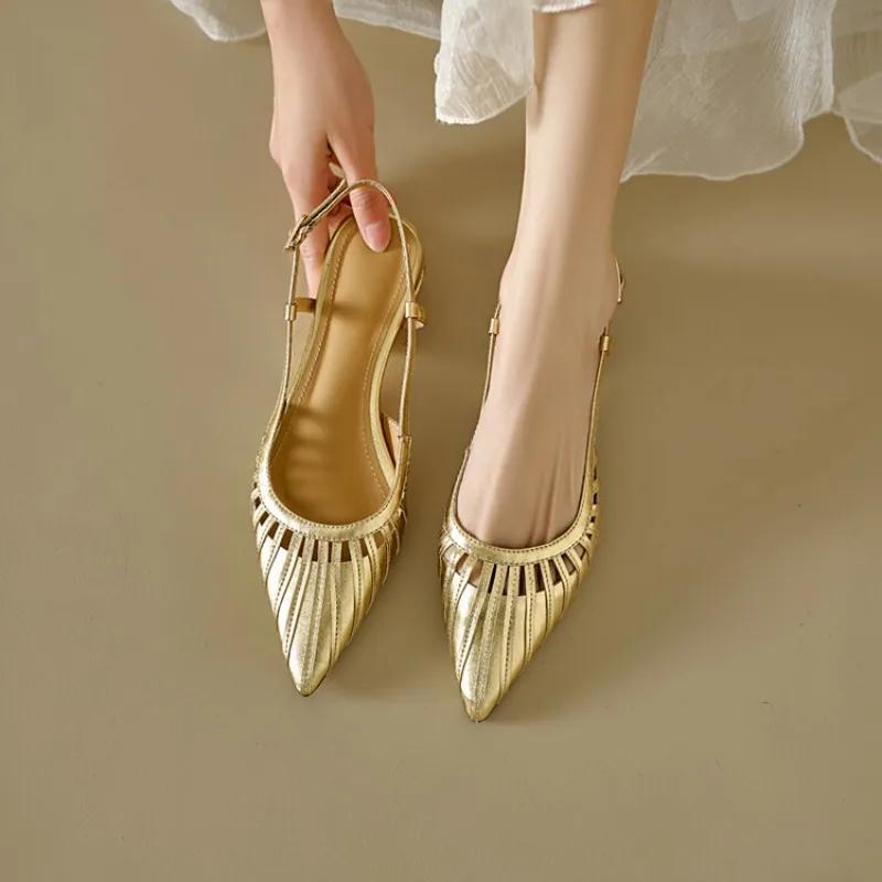 Новые женские туфли с острым носком 2024 года на весну и лето, босоножки на высоком каблуке золотисто-серебряного цвета с ремешком, универсальные, с открытой пяткой