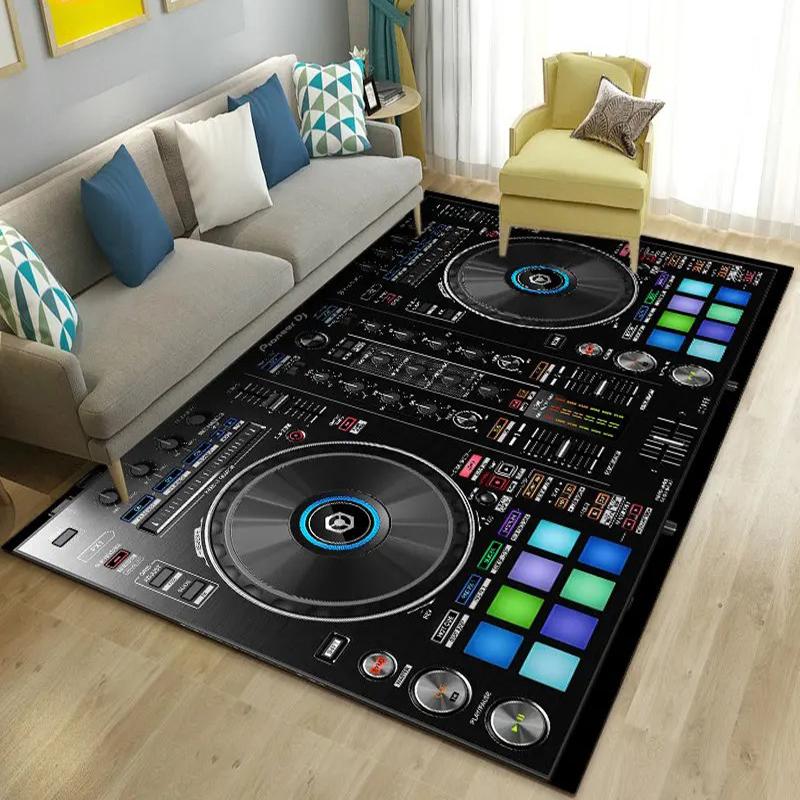 DJ Turntable Themed Large Area Rug, Colorful Mixer Console Motifs, Trendy Living Room Carpet, Varied Design Floor Cover