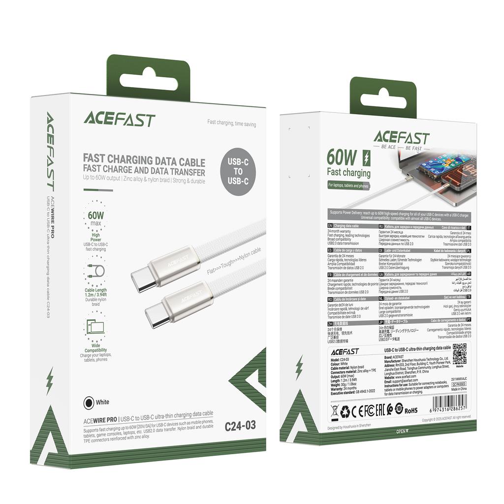 ACEFAST C24-03 USB-C на USB-C Кабель Ультратонкий Кабель для Зарядки и Передачи Данных 60 Вт Быстрая Зарядка Прочный Кабель в Нейлоновой Оплетке