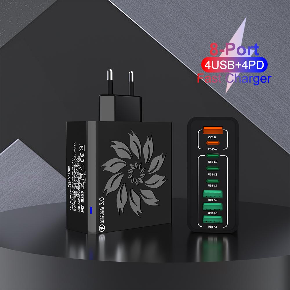 GaN Fast Charging 8USB Type C Charger EU KR PD 3.0 Quick Charge Wall For Phone Adapter For iPhone 16 15 Xiaomi Samsung