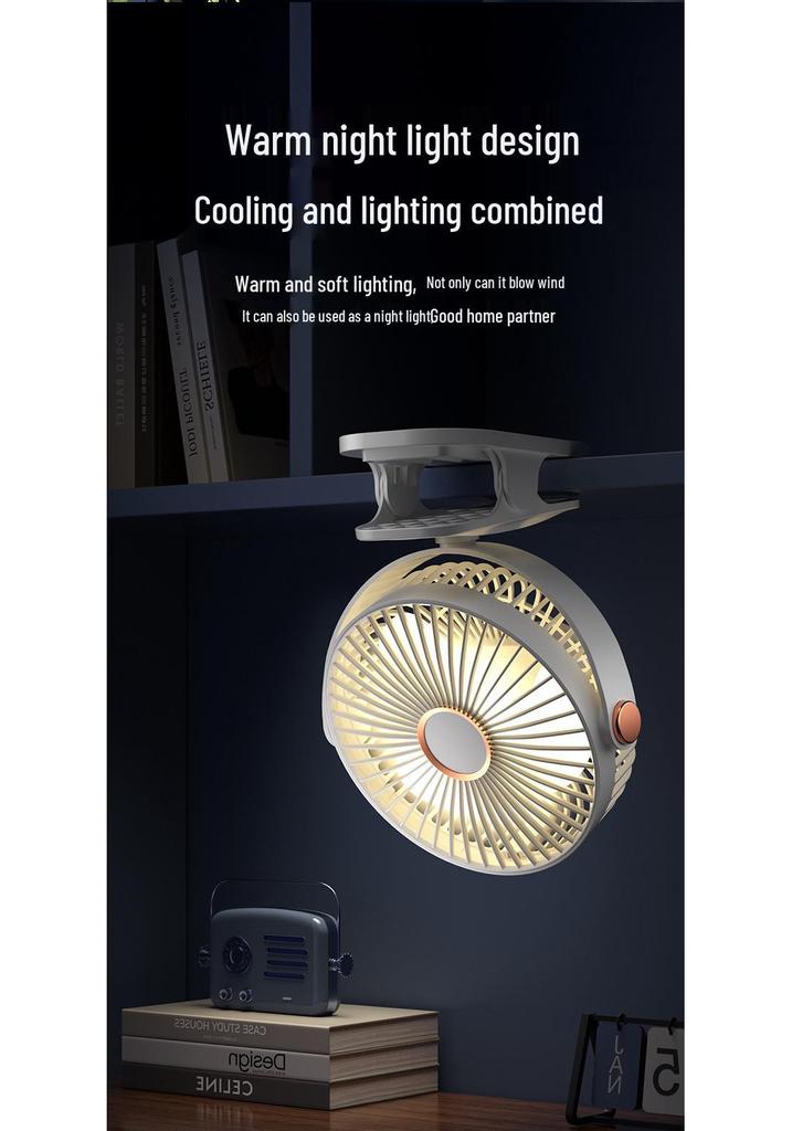 USB Rechargeable Clip-On Fan with Night Light for Dorm, Bed, and Desk