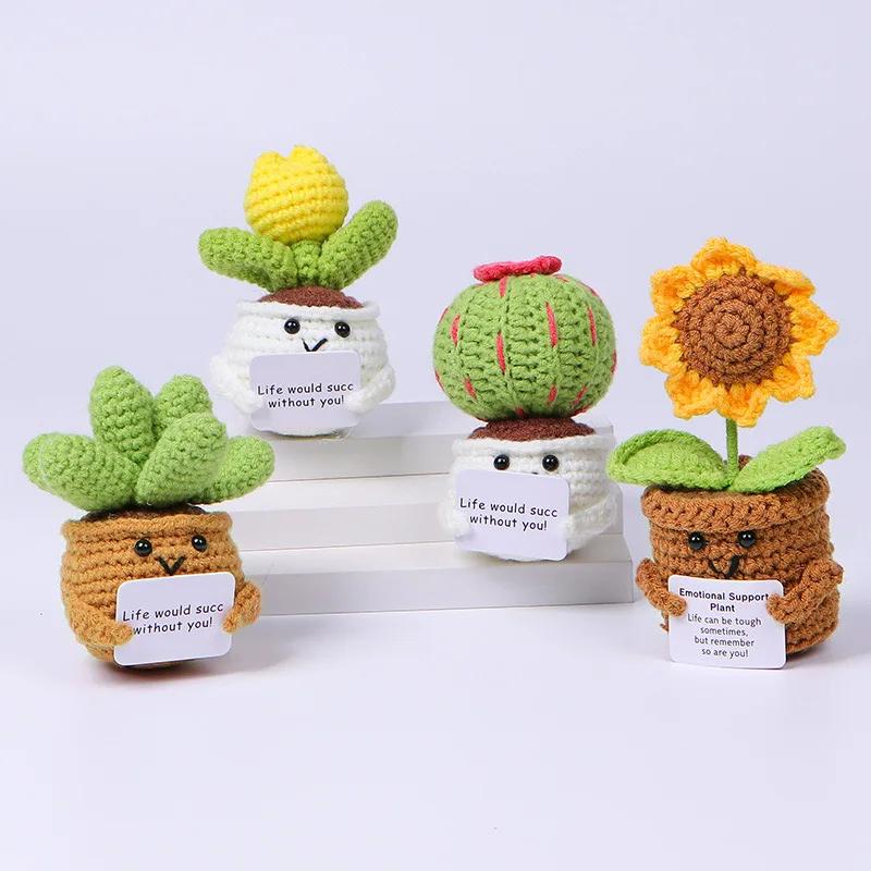 Positive Crochet Doll Knitted Animal Fruits with Affirmation Card Funny Handmade Gift Creative Table Ornaments Birthday Gift