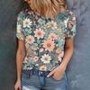 Artistic Style Flower Print Women's T-shirt Summer Casual Fashion Style Round Neck Short Sleeve