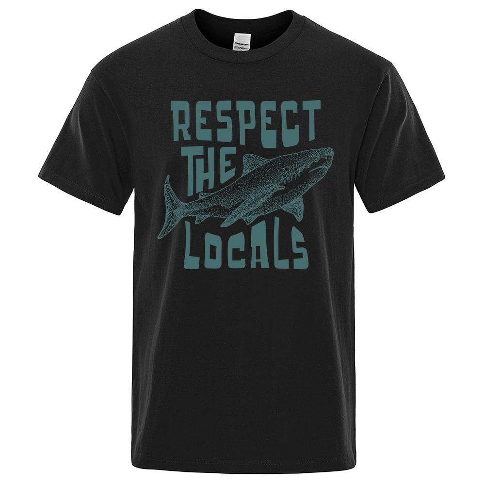 Respect The Locals Shark Personality Print Мужские футболки Хлопок Oversize Рубашка с коротким рукавом Свободные футболки Топы