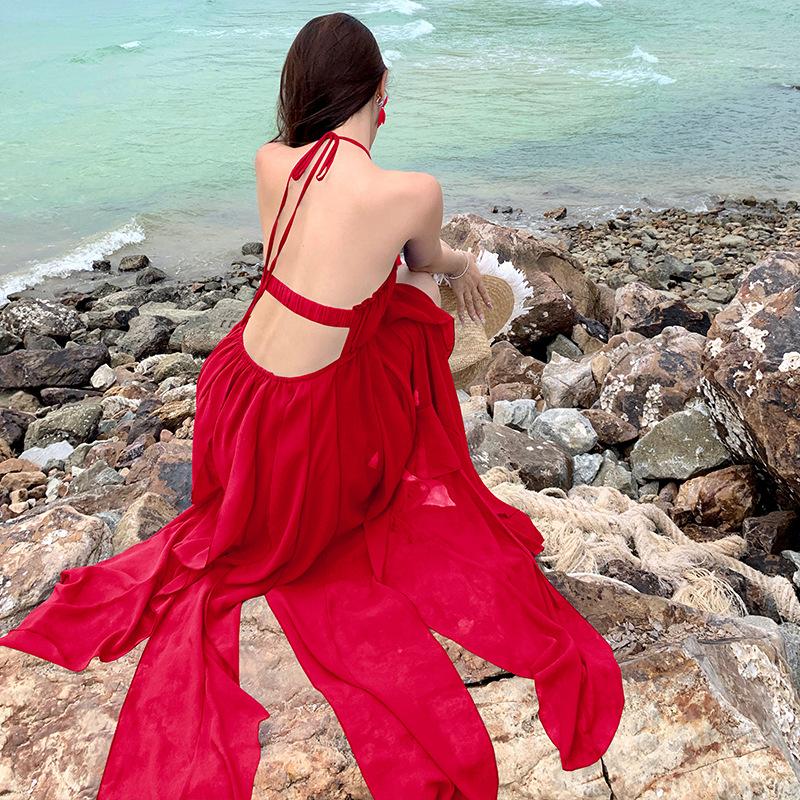 1011 French super fairy lotus leaf edge holiday halter neck suspender dress women's atmosphere seaside photo dress