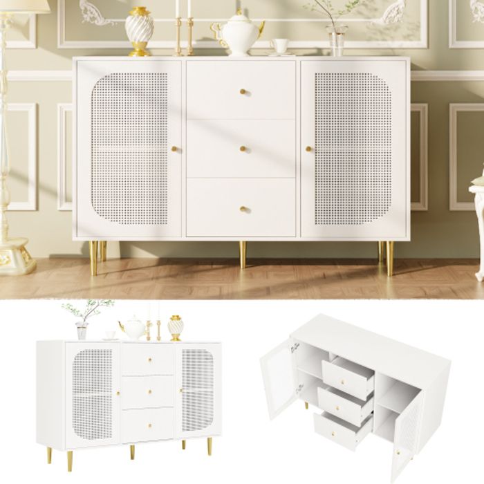 Buffet - MUVOE - 120 cm - 2 portes - 3 tiroirs - Rotin PE blanc