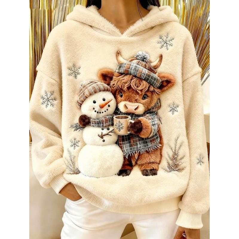 Womens Flannel Hooded Sweatshirt With 3D Dog Print - Cozy Casual Long Sleeve Top Winter