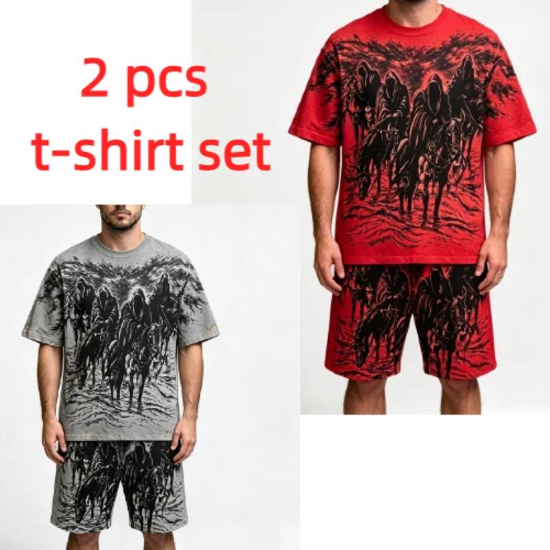 Summer Fashion Gothic Style Vintage Death Knight Printed Round Neck Short Sleeved T-Shirt And Shorts Set Men's and Women's T-shirt Shorts Set