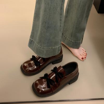 Средний толстый каблук 2025 под круглый носок Мори женщины один ремешок бант Мэри Джейн одинарные туфли британский стиль маленькие кожаные туфли женские весна