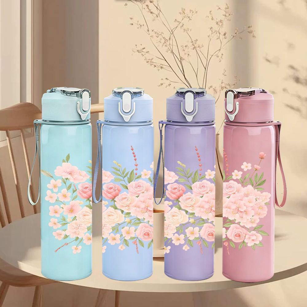 1PC Soft Pink Floral Bouquet 750ml Color Plastic Sports Water Bottle Leakproof Flip Straw Lid Suitable for Sports Office Home Use