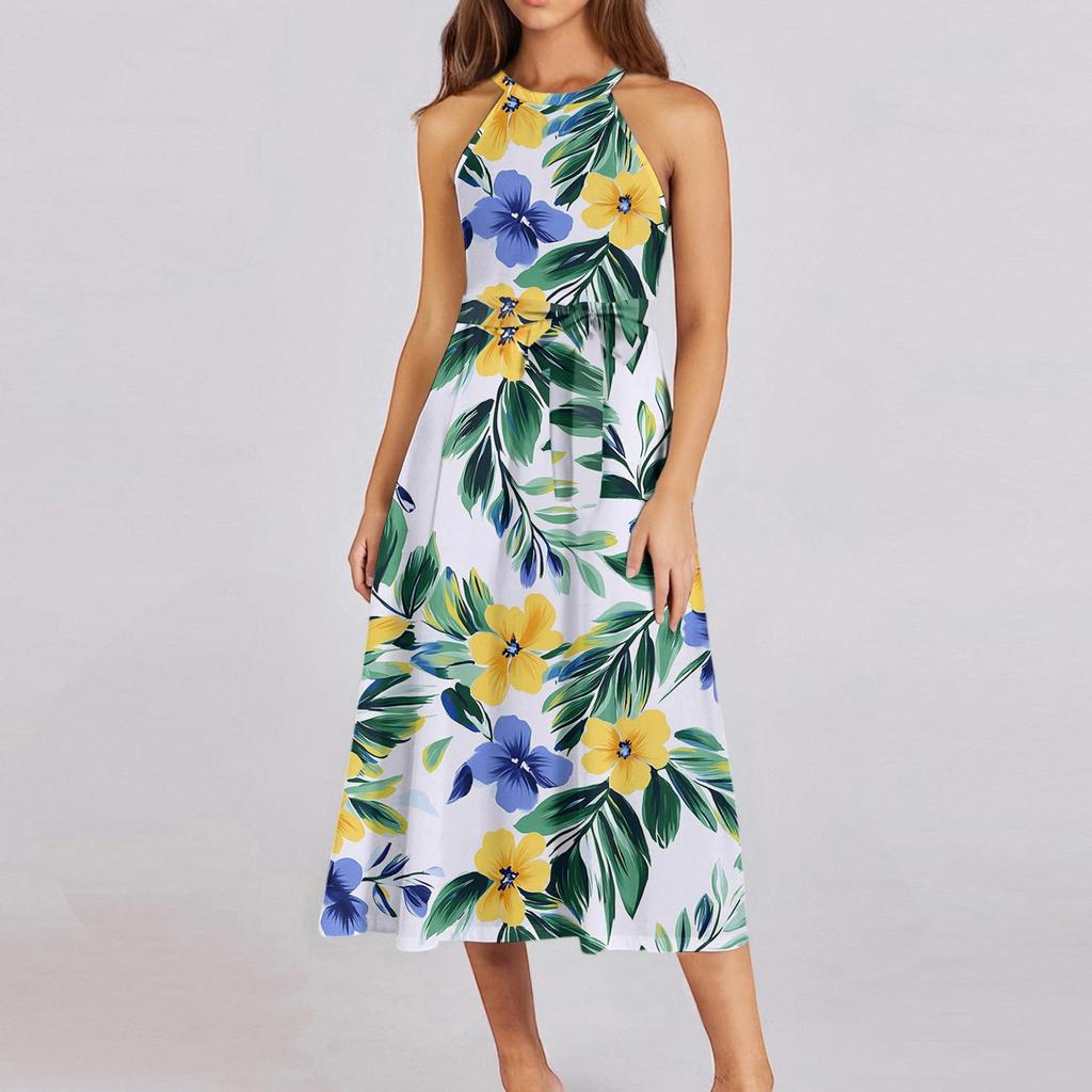 Женское повседневное платье миди с круглым вырезом, классическое, повседневное, без рукавов, свободное платье в стиле бохо с завязками, летний пляжный сарафан