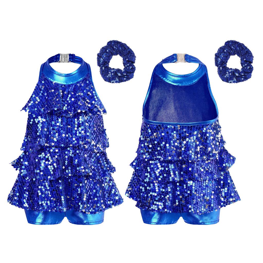 Kids Girls Shiny Sequined Dance Leotard Dress with Hair Band Jazz Latin Dance Performance Costume