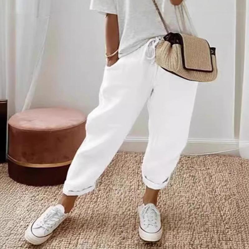Женские повседневные брюки из хлопка и льна с эластичными карманами, повседневные свободные брюки, повседневная одежда, женская одежда