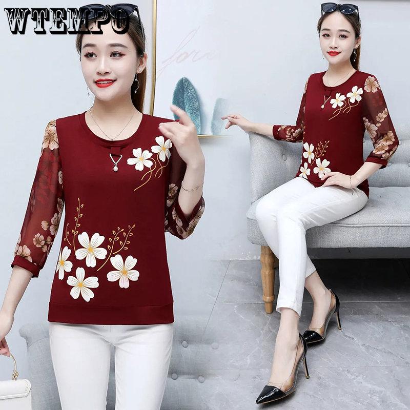 WTEMPO Весенне-летние шифоновые рубашки, женские футболки с рукавами 3/4 с цветочным принтом, женские повседневные свободные топы с тонким дном