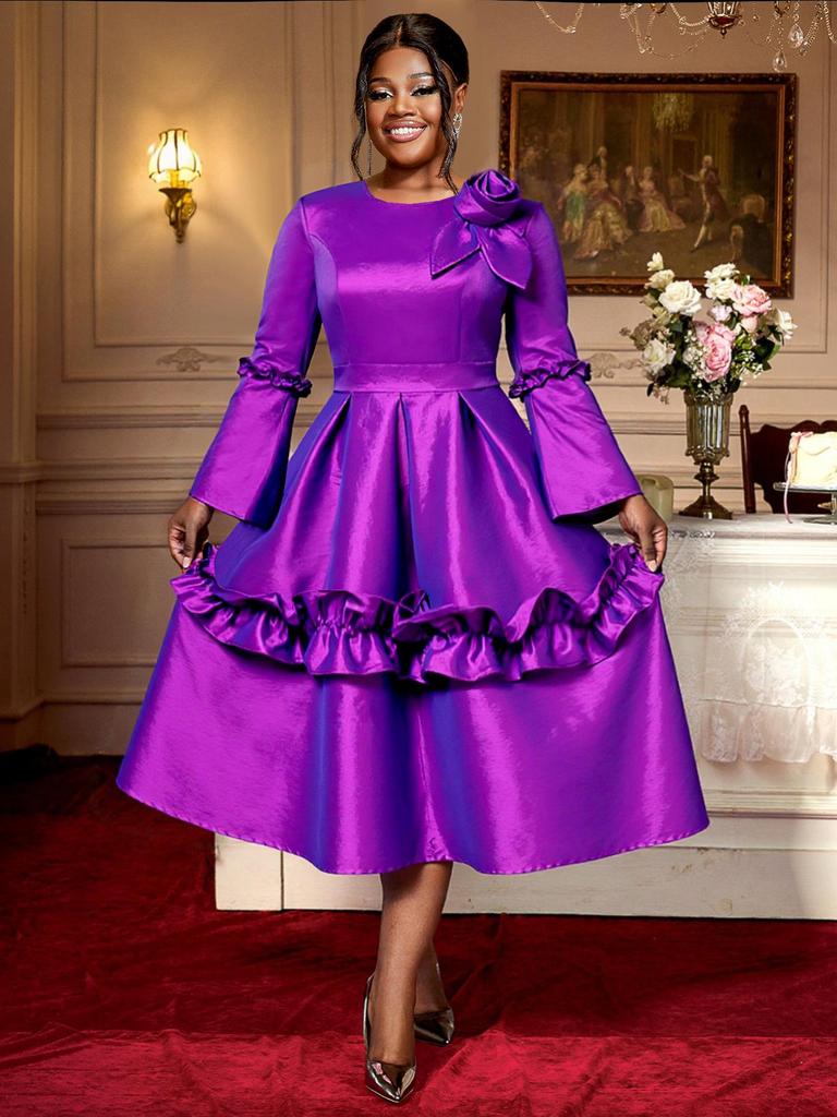 Элегантное женское платье большого размера с 3D-цветами и рукавами-воланами