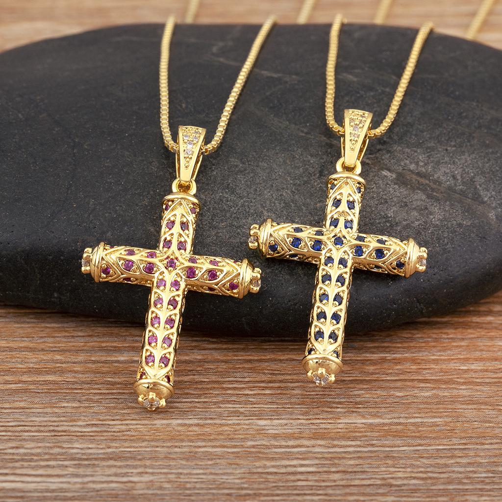 Nidin New Arrival Retro Column Shape Cross Pendant Necklace For Female Male Irregular Geometric Shine Zircon Jewelry Accessories