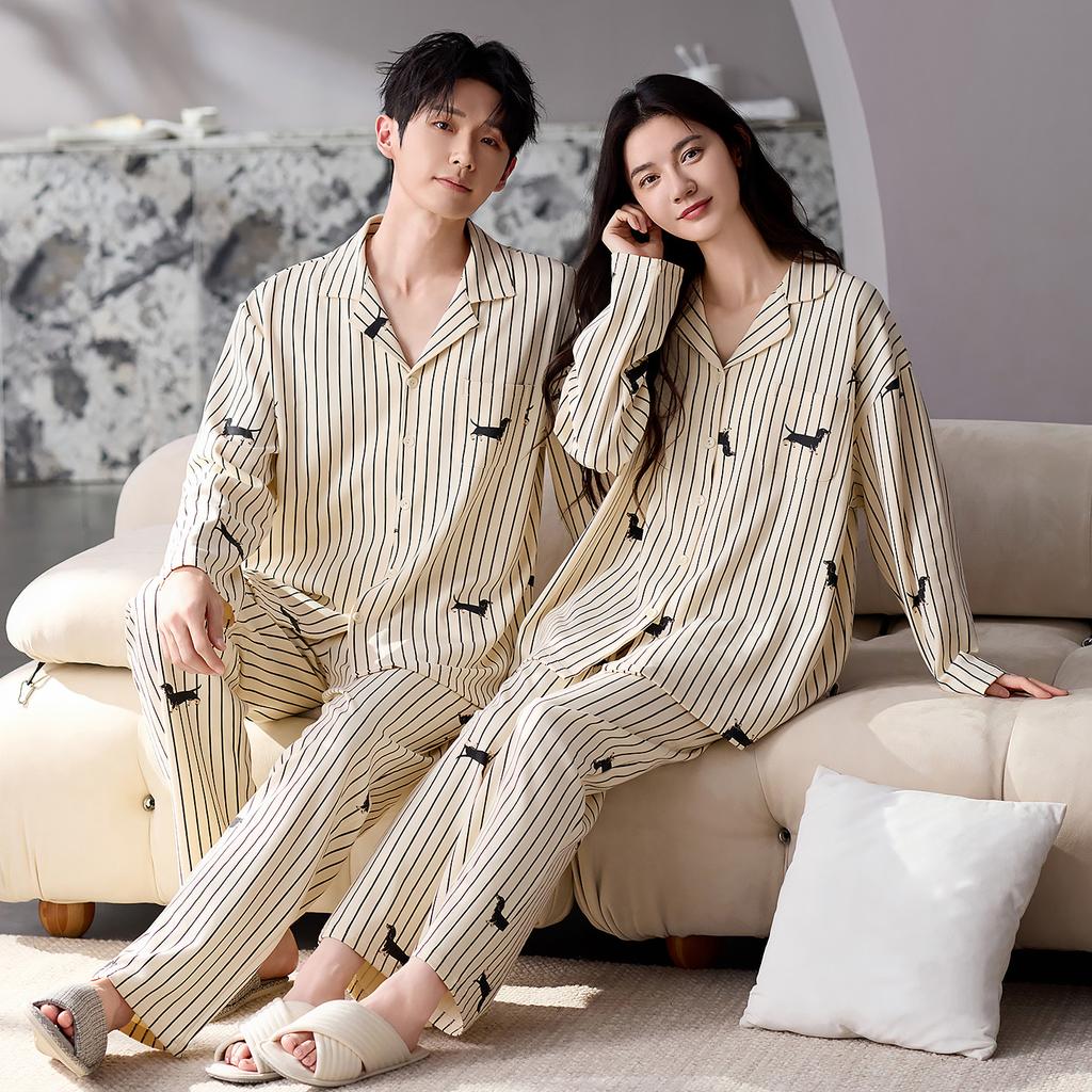 Couple Pajamas Men'S And Women'S Spring And Autumn Autumn Pure Cotton Striped Long Sleeves Can Be Worn Outside Loungewear Suit