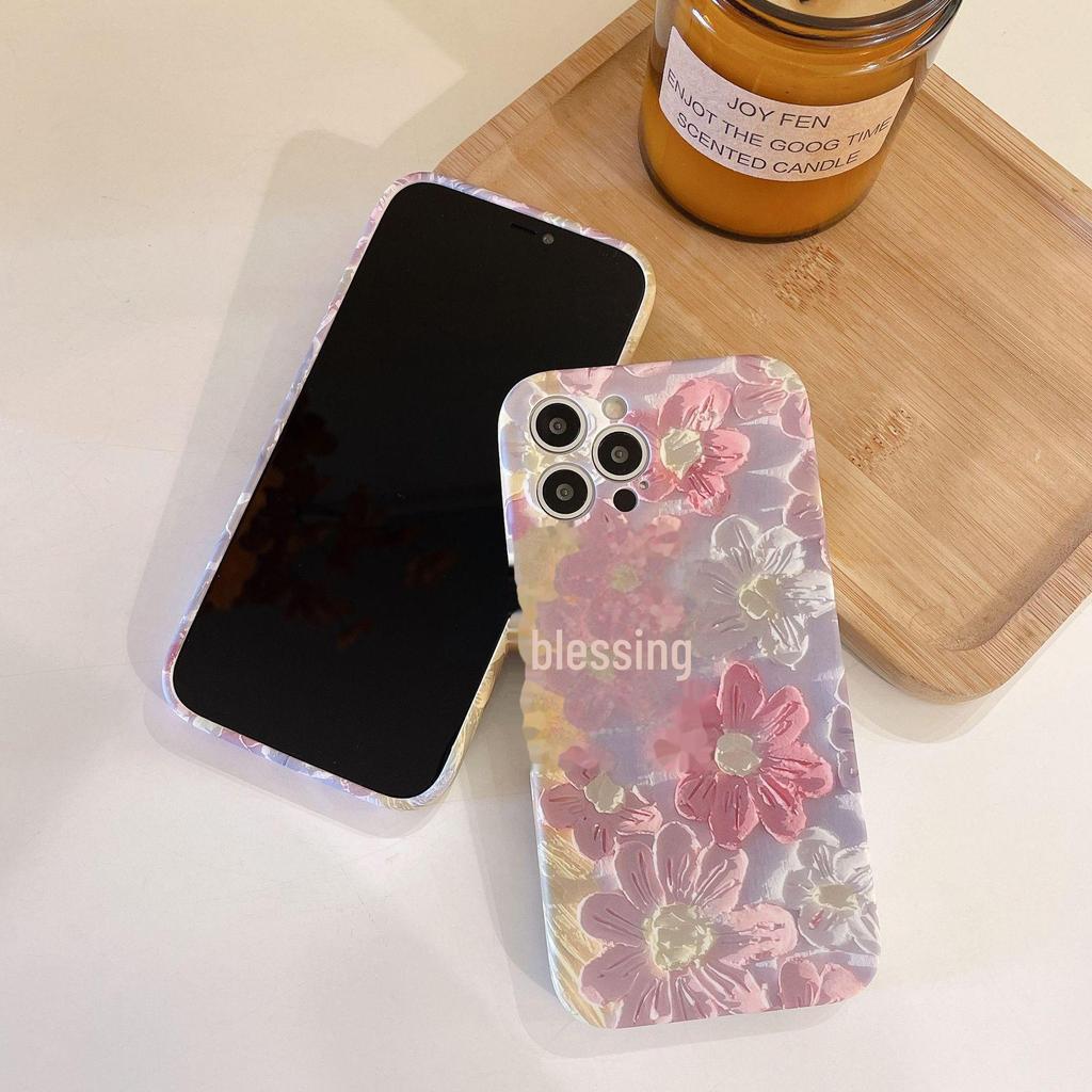 Силиконовый чехол с изображением розового цветка и масляной живописи для iPhone 11/12/13/14 Pro Max/15 - корейский стиль
