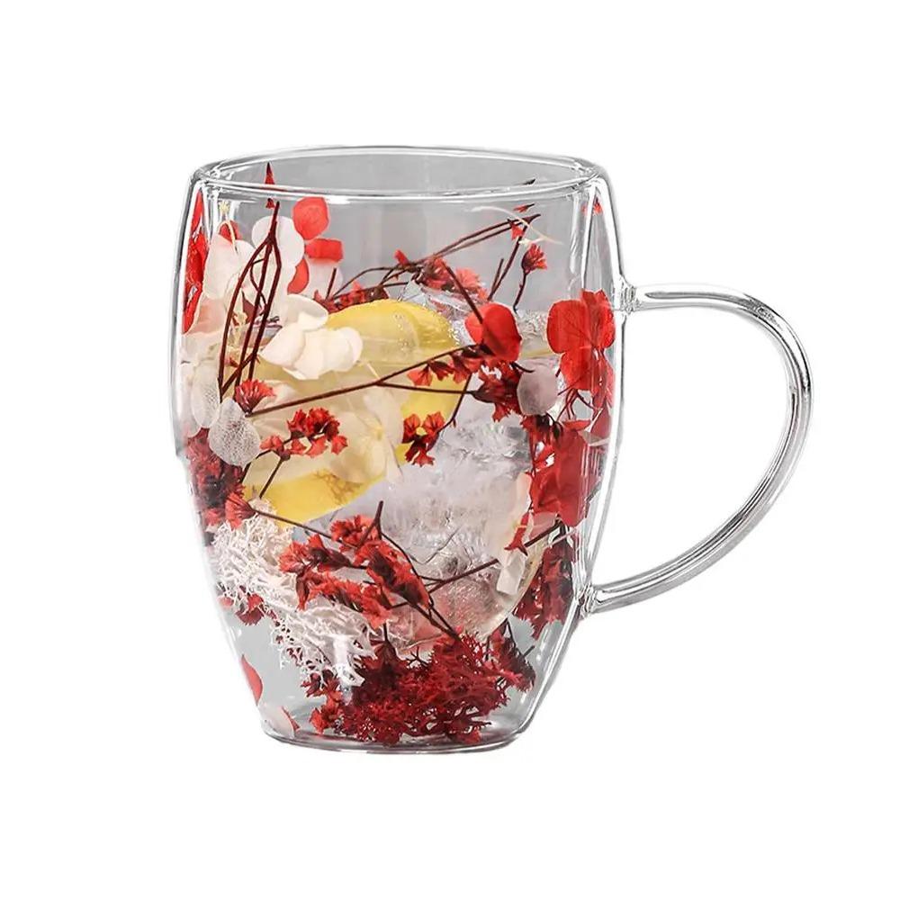 С ручкой Кружка с сухоцветом Разнообразная кружка с двойными стенками для кофе Прозрачные стеклянные чашки Молочный шоколад