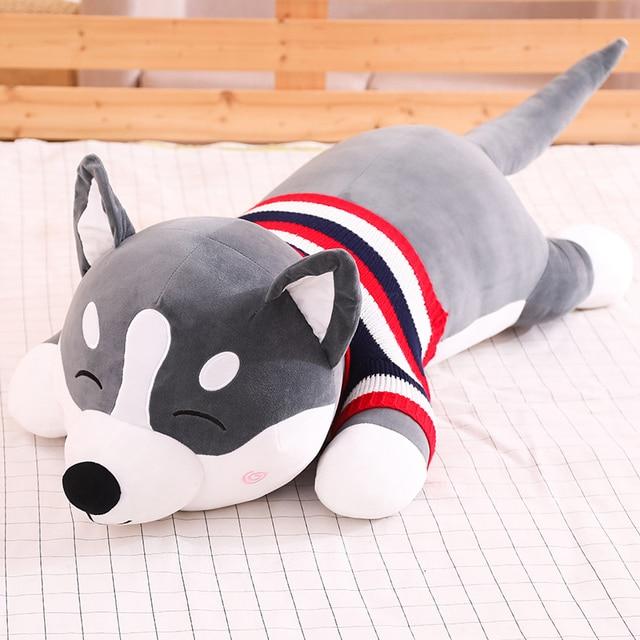 Funny Dressed Husky Pillow Stuffed Doll Stripe Sweater Soft Husky Lying Plush Toy Charming Dog Animals Kids Birthday Gift