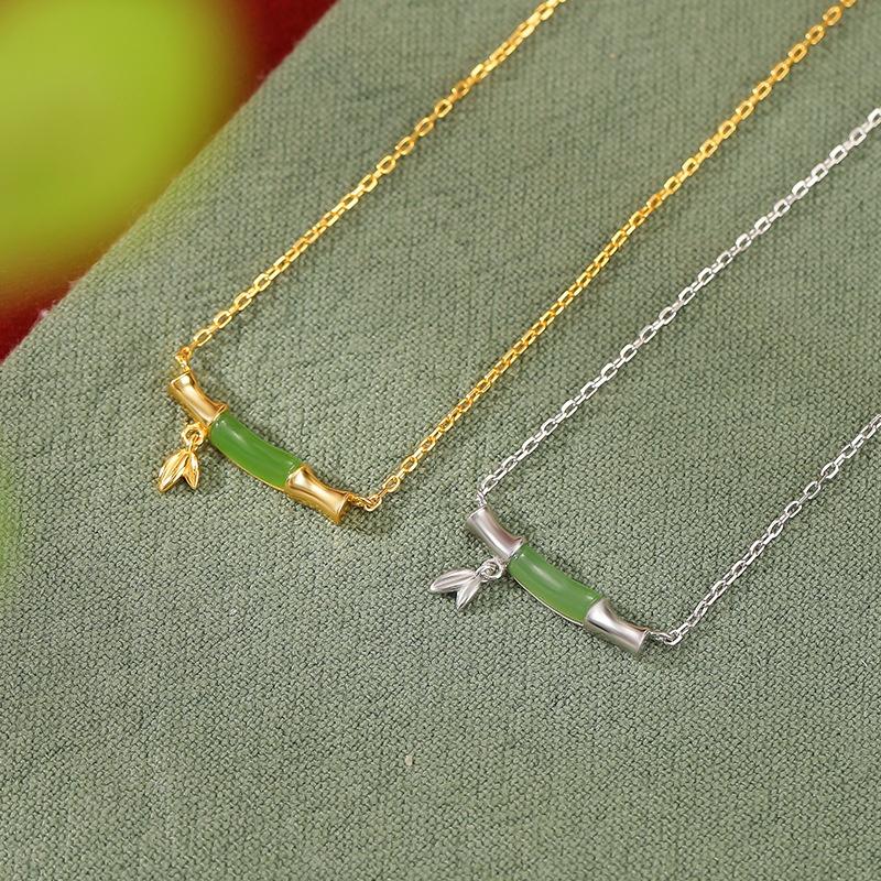 S925 Sterling Silver Gold Plated Hotan Jade Jasper Bamboo Necklace