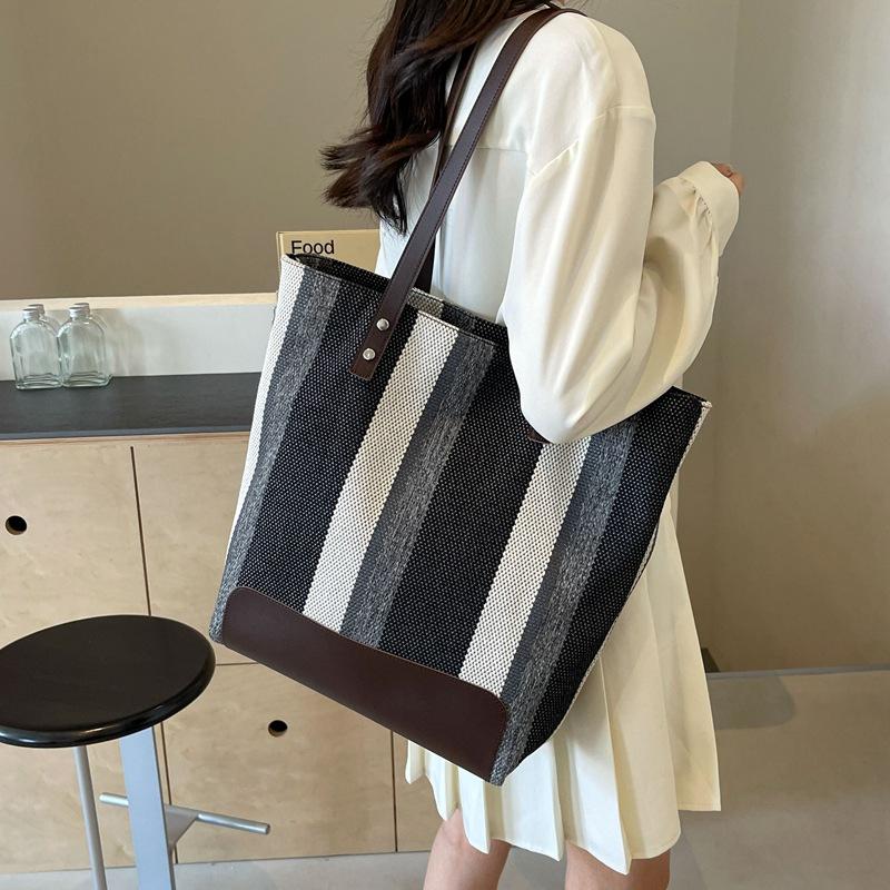 Новая вместительная холщовая сумка в контрастную полоску, женская универсальная сумка через плечо, портативная сумка-тоут