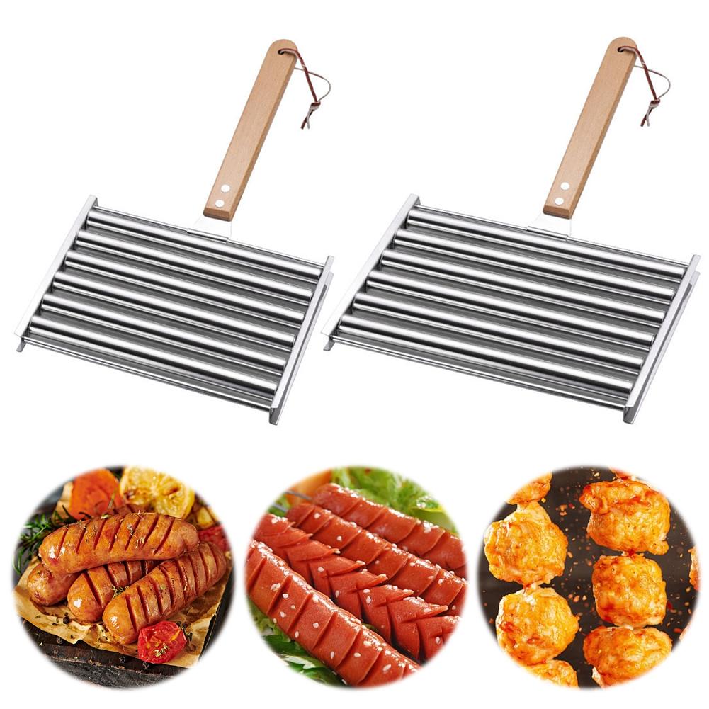 Hot Dog Roller Sausage Roller Rack Stainless Steel Hot Dog Grill Roller with Wooden Handle BBQ Hotdog Roller Grill Accessories
