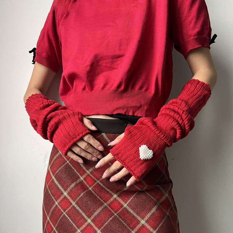 Red Knitted Arm Cover Hip-Hop Long Fingerless Sleeves Stretchy Elbow Decoration Thumb Hole Gloves Teens Cosplay