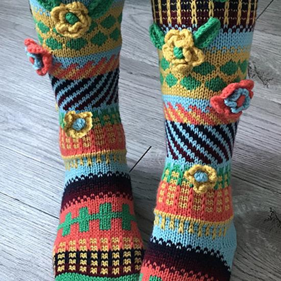 Ретро вязаные гольфы до колена Женские вязаные крючком гольфы до колена с 3D цветами Теплые разноцветные носки Гетры для девочек Ботинки Для дома Уличная одежда